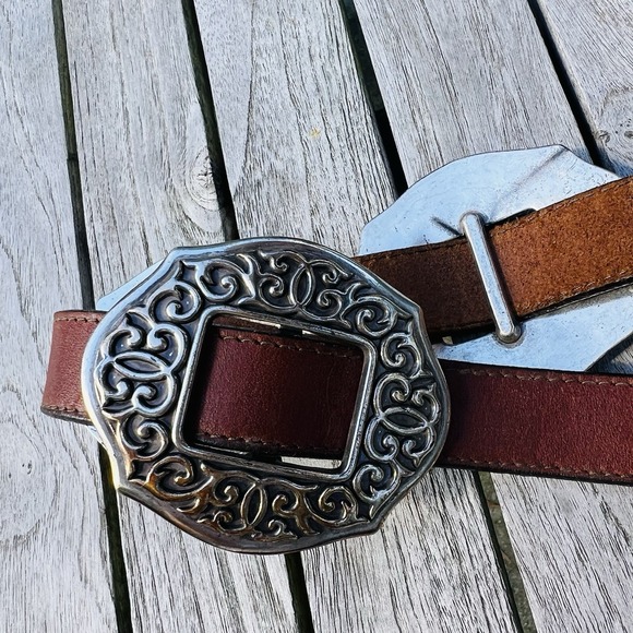 Vtg 90's Brighton Oval Sunflower Concho Belt S Brown Leather Floral Boho Cowgirl - Picture 8 of 15